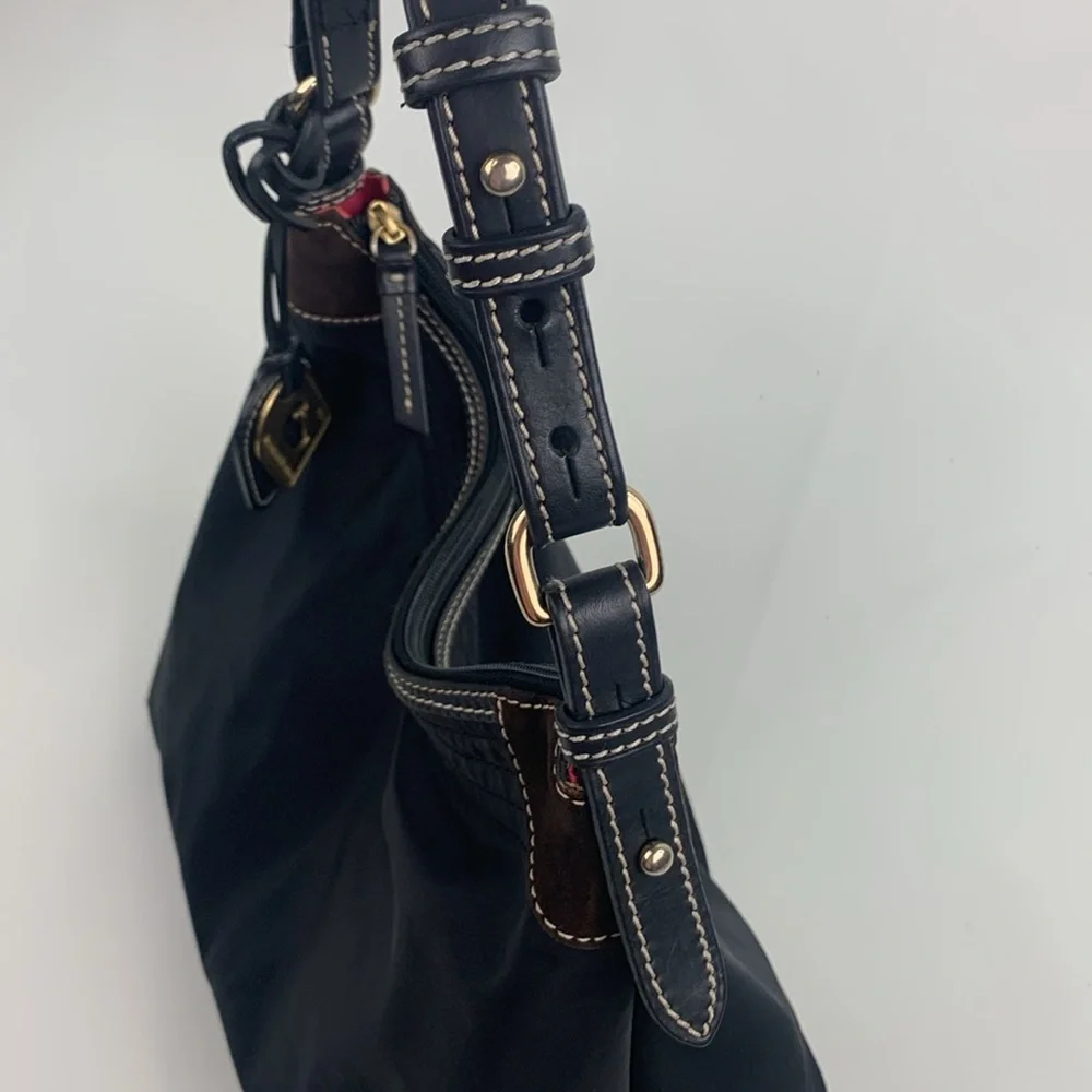Dooney & Bourke Black leather Nylon Shoulder Bag Gold charm Pink lined Serial #